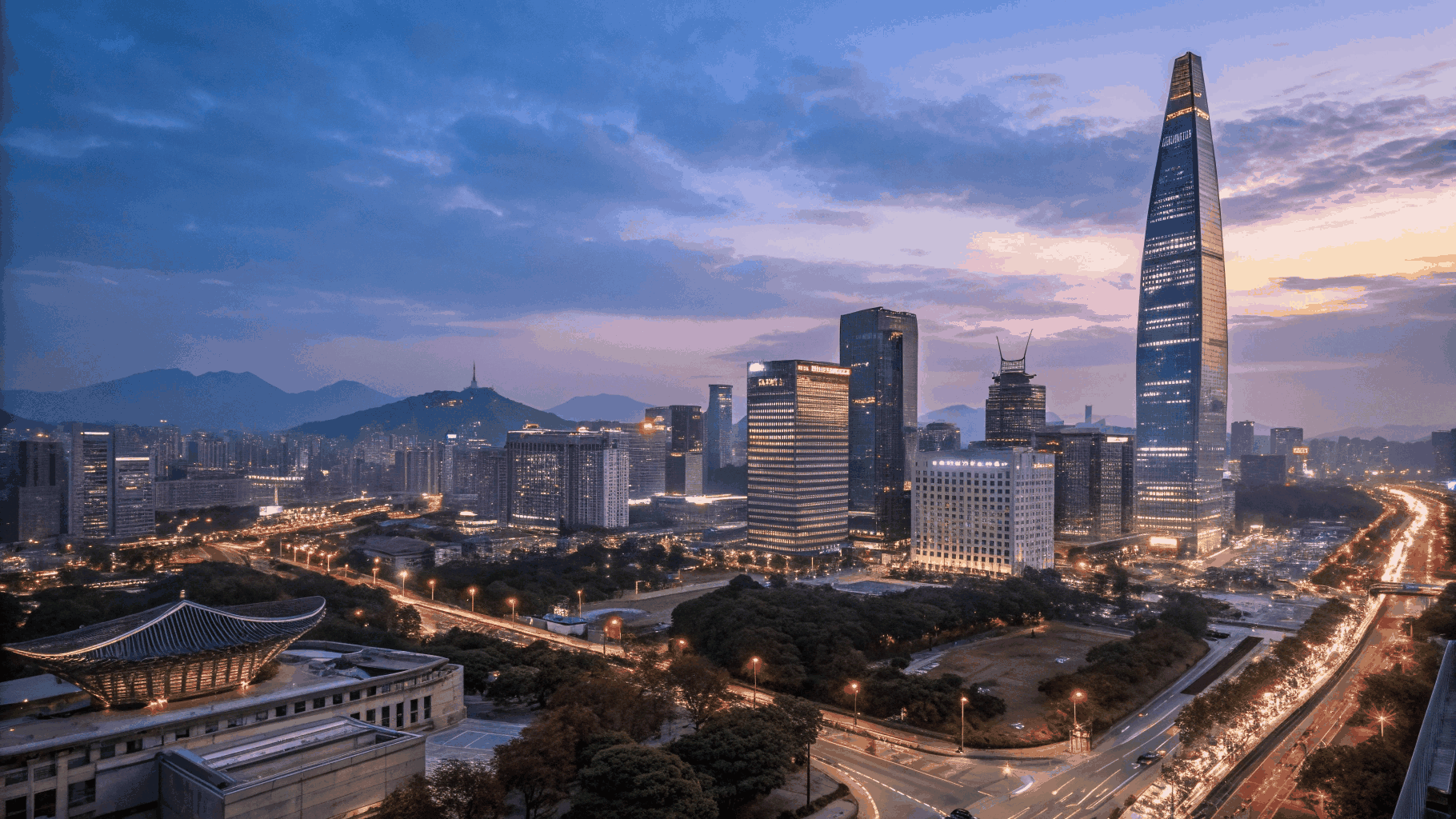 首爾城市全景與傳統宮殿交織的夜景